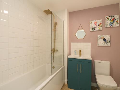 a bathroom with a shower and a toilet and a sink at 19 Windsurfing Place in South Hayling