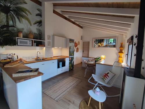 a kitchen and living room with white cabinets at Suite Curry 