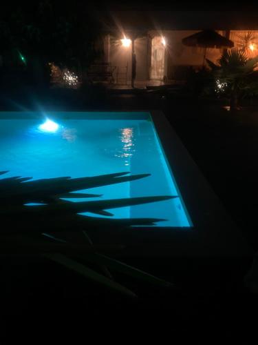 une piscine éclairée la nuit dans l'établissement Villa Zen avec 2 chats, à Grospierres