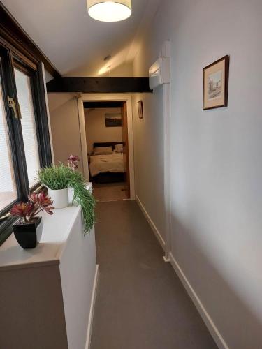 um corredor com um quarto com uma cama e algumas plantas em EBBERLEY ARMS em Barnstaple