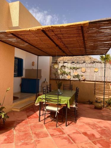 un patio avec une table et des chaises sous un toit dans l'établissement Villa Elena, à Midoun