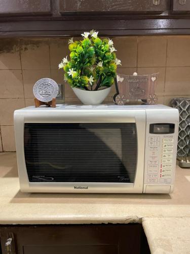 a white microwave sitting on a counter with a plant at Freddy's Family Apartments in Islamabad