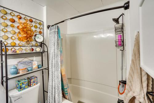 eine Dusche im Bad mit Duschvorhang in der Unterkunft Cozy Berkshires Vacation Rental Near Hiking! in Chester