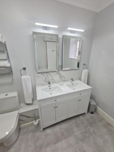 a bathroom with a sink and a toilet and a mirror at Beaufort Lodge - Central Location & Free Parking in Taunton