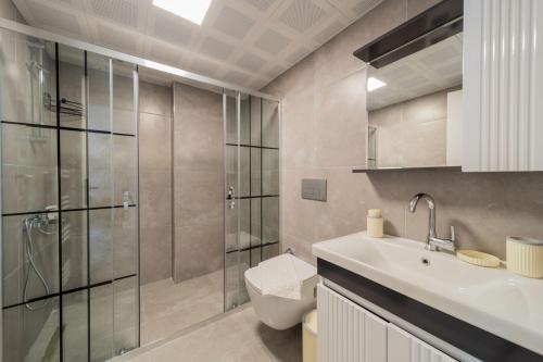 La salle de bains est pourvue d'une douche, de toilettes et d'un lavabo. dans l'établissement Cozy Flat w Balcony 3 min to Hadrian Gates, à Antalya