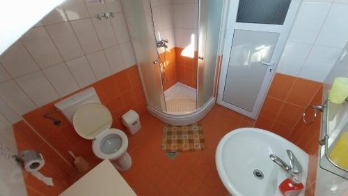 a bathroom with a shower and a toilet and a sink at Karoski Apartments & Suites in Ohrid