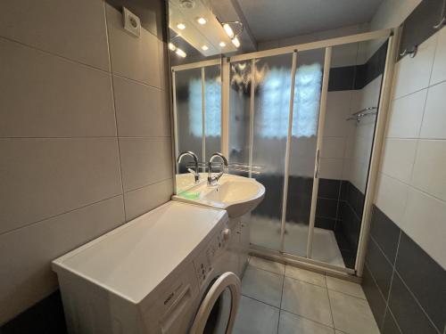 a bathroom with a sink and a shower at Gemeaux B, appartement proche pistes de ski et village in La Clusaz