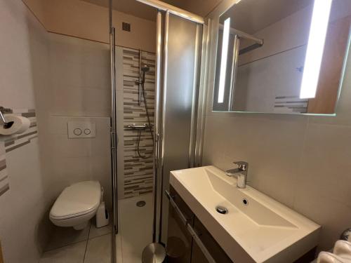 une salle de bain avec un lavabo, des toilettes et une douche dans l'établissement Gemeaux S, studio proche pistes de ski et village, à La Clusaz