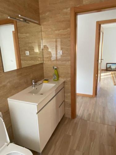 a bathroom with a sink and a mirror and a toilet at Vivenda Caixilão casa com 3 quartos in Viana do Castelo