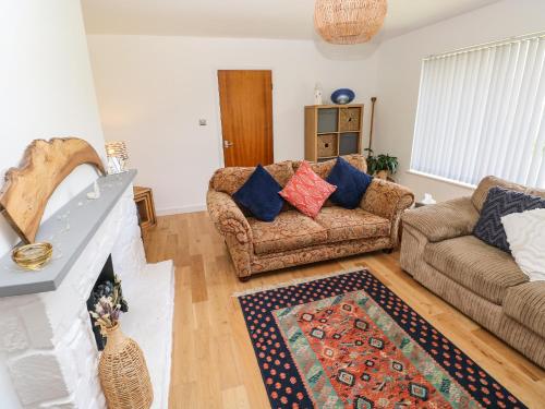 a living room with a couch and a fireplace at Glynderi in Cardigan