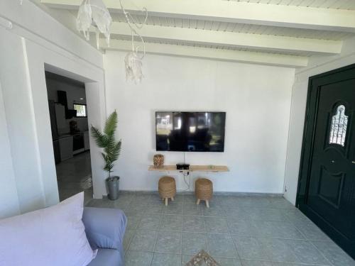 Villa Penelope في مدينة كورفو: غرفة معيشة مع أريكة وتلفزيون على الحائط