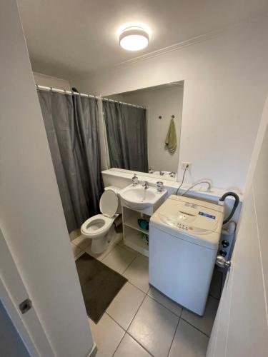 a bathroom with a toilet and a sink at Hermoso Depto Piscina Quincho in Rancagua