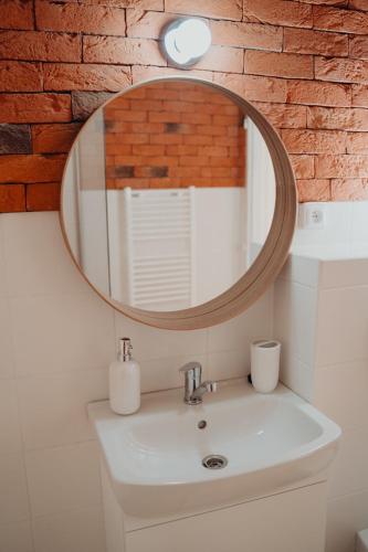 a bathroom with a sink and a mirror at Pura Vida Vrbice in Vrbice