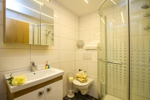 ホッホフィルツェンにあるGertis Ferienwohnungのバスルーム(トイレ、洗面台、シャワー付)