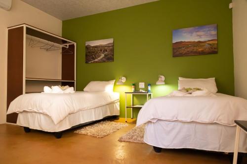 een groene slaapkamer met 2 bedden en een spiegel bij Olienhoff Guesthouse in Otavi