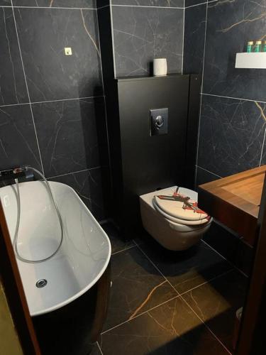 a bathroom with a white sink and a toilet at Hôtel les 4 éléments in Palavas-les-Flots