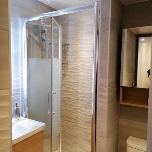 une salle de bain avec une douche, des toilettes et un lavabo dans l'établissement Le p'tit Rubis, à Chamonix-Mont-Blanc