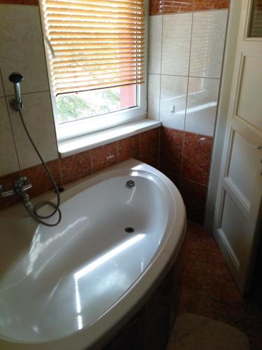 a white bath tub in a bathroom with a window at Apartment Sova in Ostrava