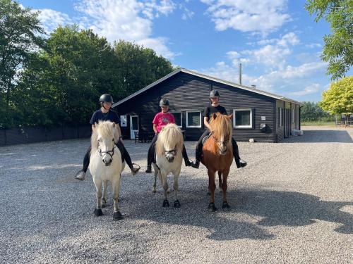 a group of people riding horses in front of a building at B&B Stald Saga in Herning