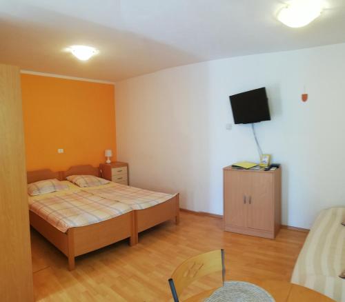 um quarto com uma cama e uma televisão na parede em Apartma Brnistra Ginestra em Koper