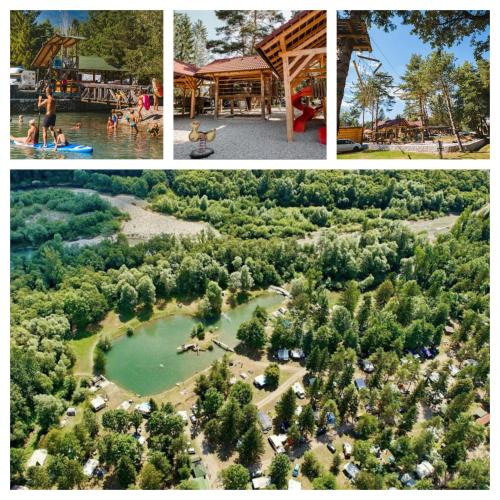 a collage of four pictures of a park at Forest Lodge Camping Menina in Rečica ob Savinji