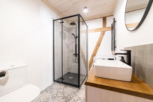 een badkamer met een douche en een witte wastafel bij Boutique apartment Mezrozite in Kuldīga