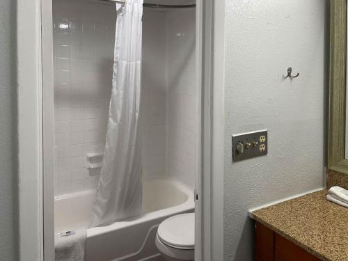 a bathroom with a toilet and a shower curtain at Suites Wytheville VA in Wytheville