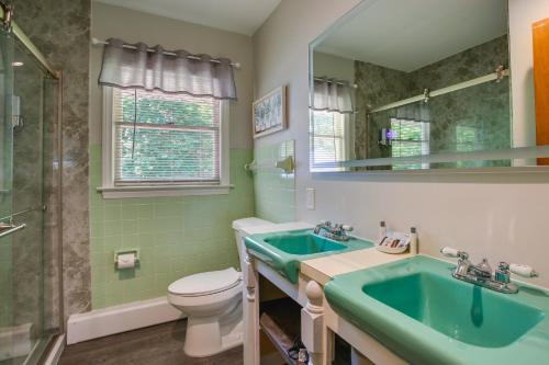 baño con lavabo verde y aseo en Traverse City Home with Fire Pit, Patio and Yard!, en Traverse City