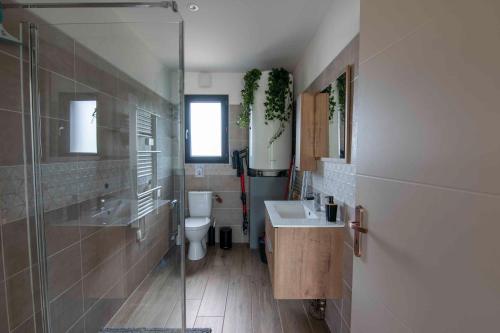 uma casa de banho com um WC, um lavatório e um chuveiro em Villa indépendante gîte Mas fond des Prés em Saint-Privat-des-Vieux