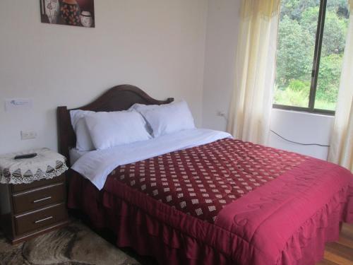 a bedroom with a bed with a red blanket and a window at CASA MARTIN en Baños de Agua Santa in Baños
