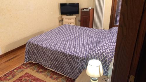 een slaapkamer met een bed met een blauwe deken en een televisie bij Sosta Paradisa in Pisa