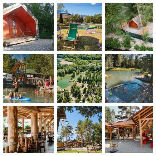 un collage de photos d'un parc aquatique dans l'établissement Forest Lodge Camping Menina, à Rečica ob Savinji