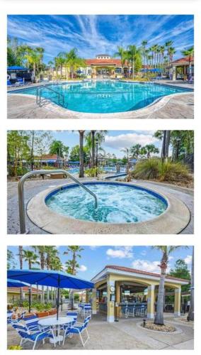 a collage of three pictures of a swimming pool at Villa Madiera 6 bedroom huge house in Kissimmee