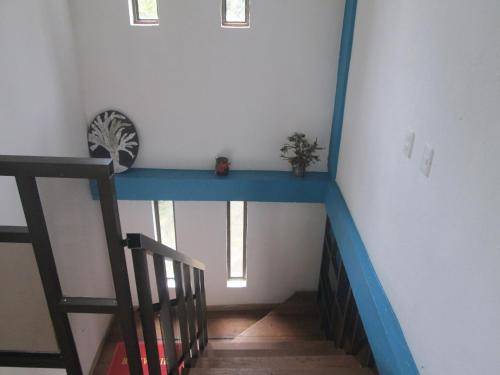 a staircase with a blue railing in a room at CASA MARTIN en Baños de Agua Santa in Baños