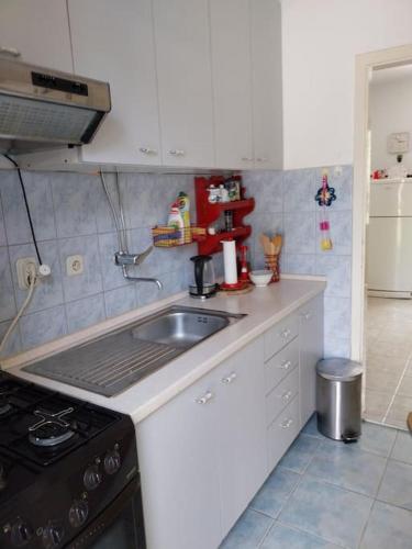 a kitchen with a sink and a stove at Whole house Ariela, 20m to the beach, has a barbecue, 2 terraces in Šibenik
