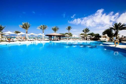 a large blue swimming pool with palm trees and umbrellas at Mousa Coast aquapark view chalet with garden in Ras Sedr