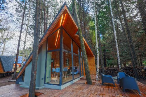 une petite maison dans les bois avec une paroi en verre dans l'établissement Cabañas Villa Labrador con costa de lago, à San Carlos de Bariloche