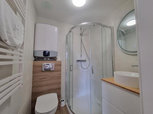 a bathroom with a shower and a toilet and a sink at Apartamenty Marynarskie AP10 in Debina