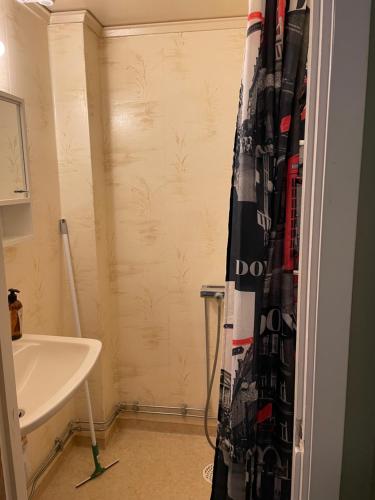 a bathroom with a shower curtain next to a sink at Flygeln in Strängnäs