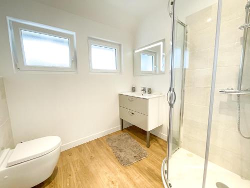 a bathroom with a toilet and a shower at gîte du moulin du pré in Bavent
