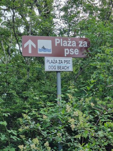 a sign for a dog beach on a road at Apartment Sol Dolcevita in Njivice