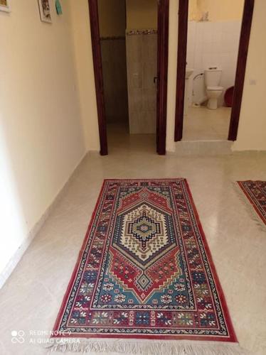 um corredor com dois tapetes no chão numa casa de banho em Grand appartement à deux pas de la plage em Souira Guedima