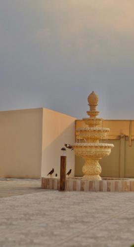 a fountain in an empty room with birds standing next to it at استراحة الغيل صحار 