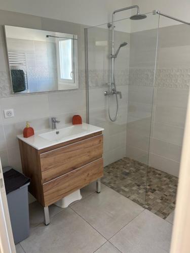 een badkamer met een wastafel en een douche met een glazen deur bij vacances en Ardéche "maison Chauvet" in Vallon-Pont-dʼArc