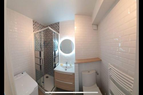 une petite salle de bain avec toilettes et lavabo dans l'établissement Le Paisible YourHostHelper, à Bayonne