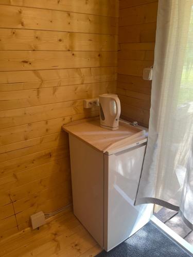 a washer and dryer in a room with wooden walls at Домик на Чудском озере in Katase