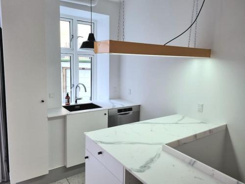 een witte keuken met een wastafel en een raam bij Hotellos in Kopenhagen