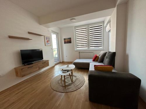 a living room with a couch and a tv at Golden Lux Apartments in Skopje