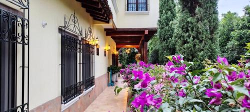 a garden with purple flowers in front of a building at Casa Colonial San Alejo in Lemos