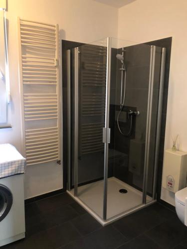 a bathroom with a shower with a glass shower stall at Ferienwohnung A.Engelhardt in Nordhausen